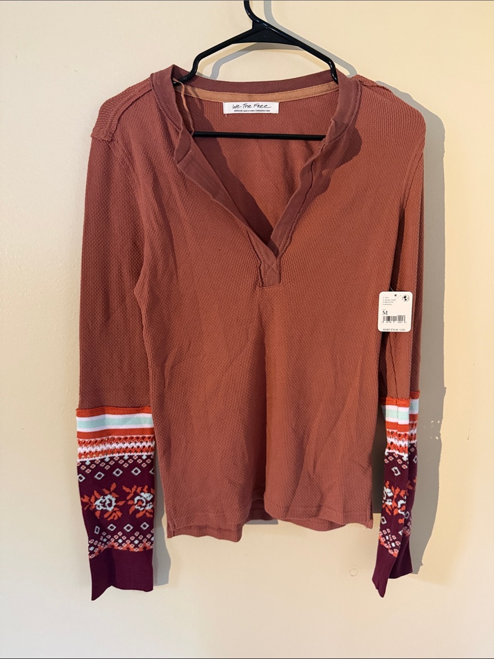 We The Free Rust Waffle-Knit Henley with Patterned Cuffs